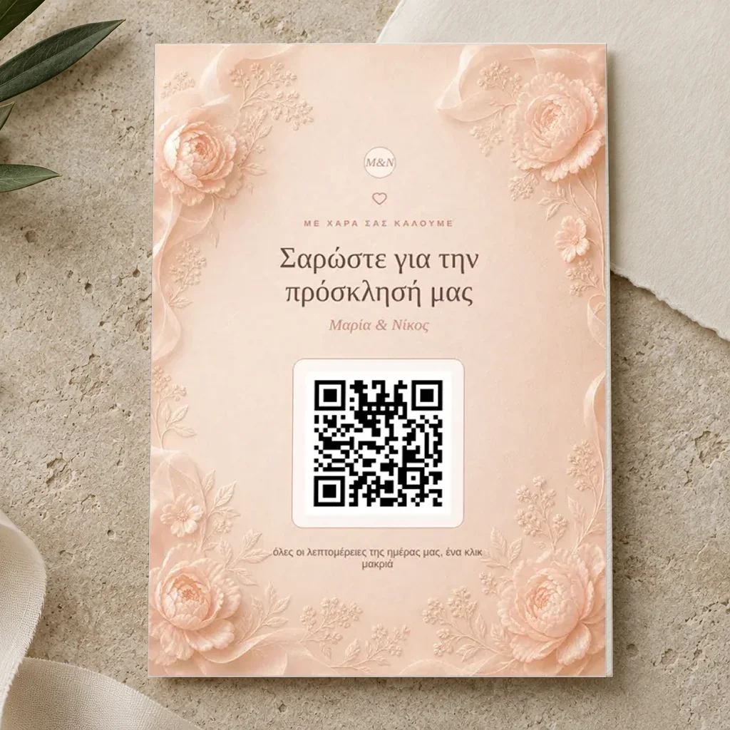 OurMoment Rose Champagne κάρτα QR Code γάμου για συλλογή φωτογραφιών καλεσμένων