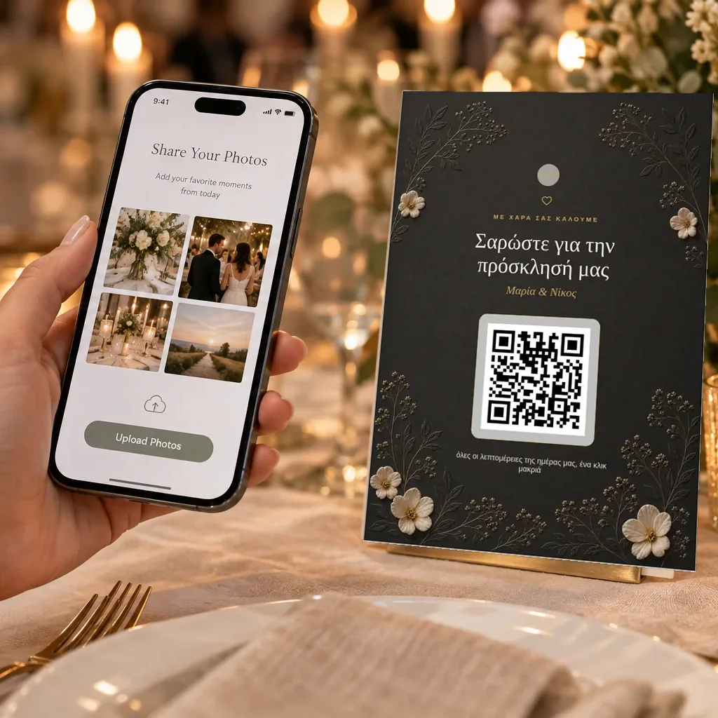 Καλεσμένη σκανάρει OurMoment Midnight Gold QR Code και ανεβάζει φωτογραφίες γάμου