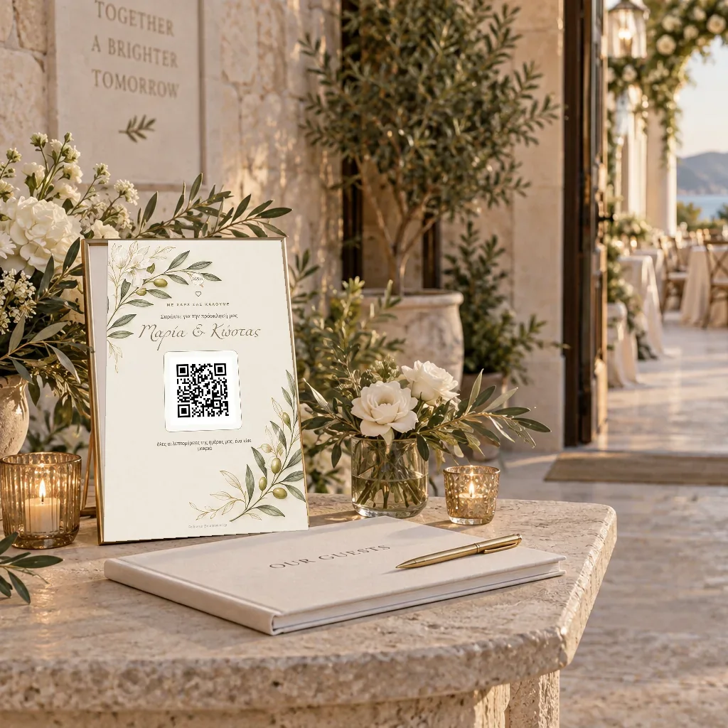 OurMoment Olive Champagne Gold κάρτα QR Code στο welcome table του γάμου